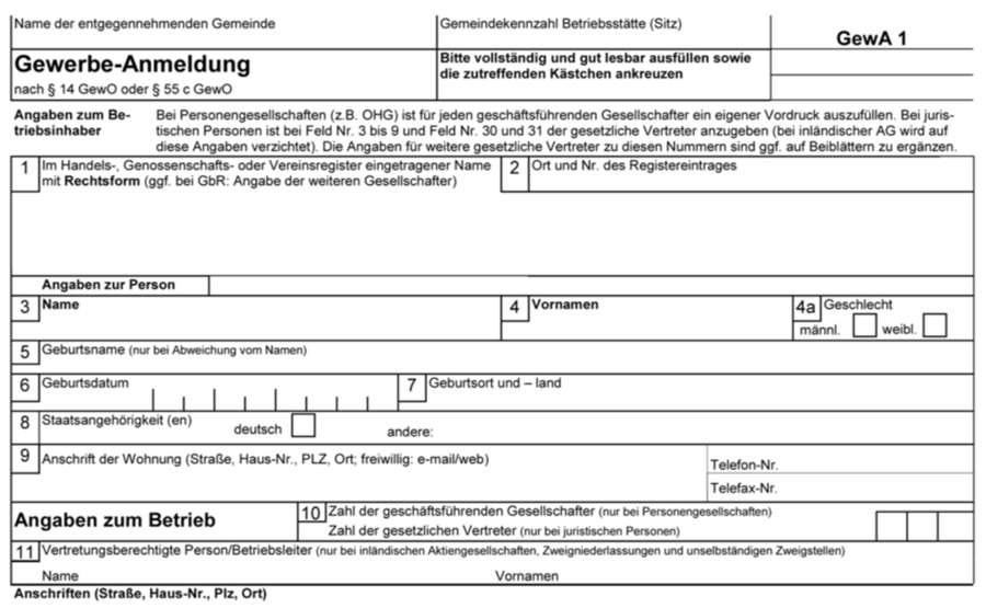 Muster einer Gewerbeanmeldung